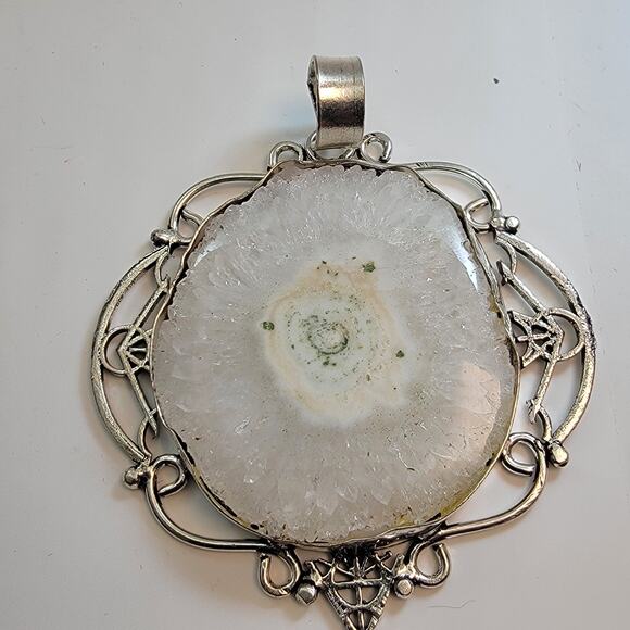 Necklace Pendant Solar Quartz Slice in Handmade Sterling Silver Filigree Setting - Picture 1 of 10